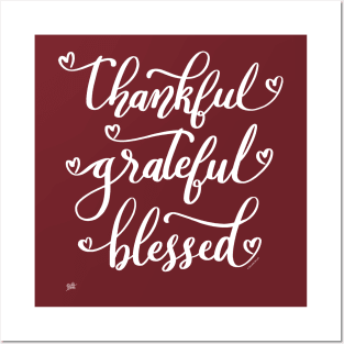 Thankful Grateful Blessed Unique Hand Lettered Hearts Design Posters and Art